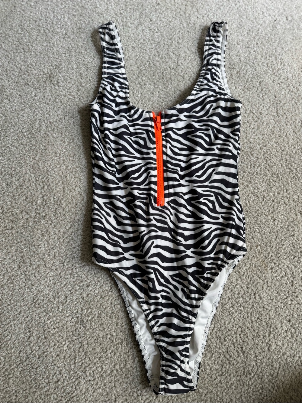 feathers Black-and-White Zebra One-Piece Swimsuit with Orange Zip NWT